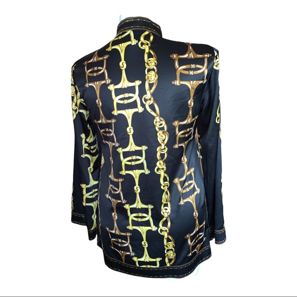 ECI New York Chain Print Satin Blouse Black Gold Long Sleeve Tunic Top 14 - Picture 6 of 16